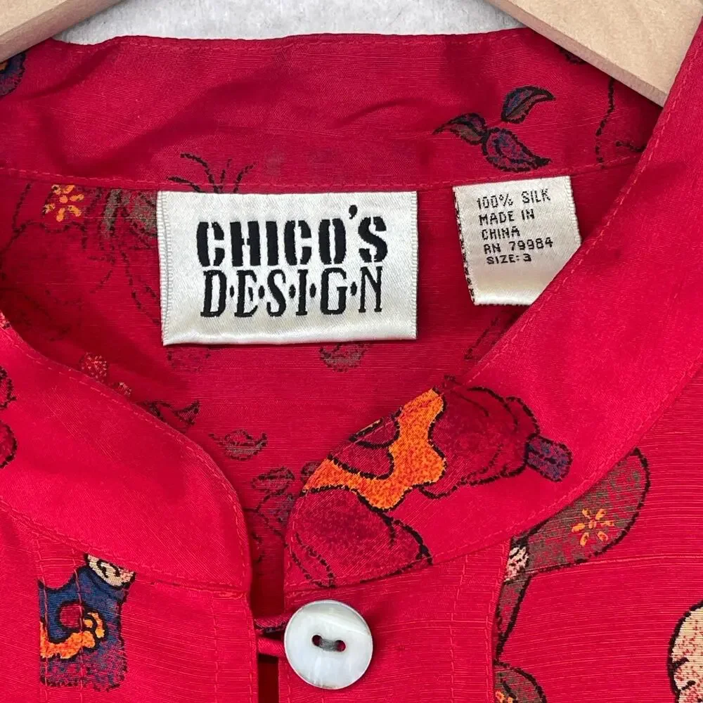 CHICOS Blouse 3 XL Asian Chinese Print Silk Satin Mandarin Collar Button Up Red_4